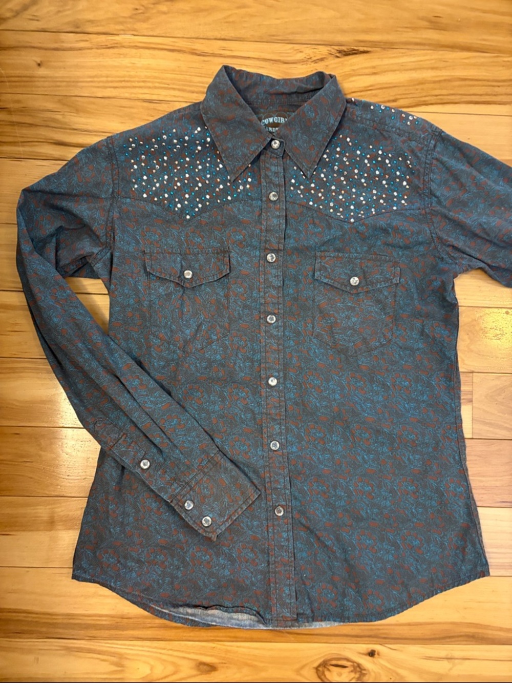 Western-Style Long Sleeve Shirt in Paisley Blue and Brown with Stud Details